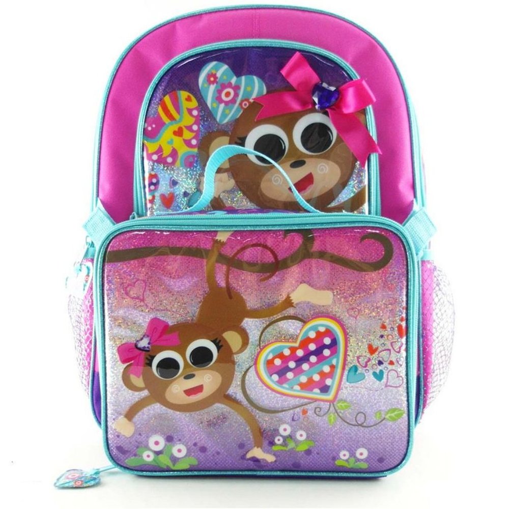 Under Rated Monkey Backpack & Detachable Lunch Bag Set, Pink
